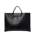 Minimalist black leather tote bag with a smooth finish and sleek button closure handle - Large / Black