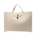 Minimalist cream beige PU leather tote bag with wooden button closure and wrap stitching - Large / Off White