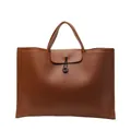 Minimalist brown leather tote bag with elegant button closure and refined stitching - Large / Brown