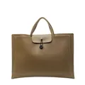 Minimalist khaki tote bag in matte leather featuring contrast stitching and button closure - Large / Green