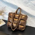 Metallic brown quilted down tote bag with spacious interior and double handles - Brown