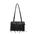 Black suede shoulder bag featuring decorative brown ribbons and silver metal studs - Black
