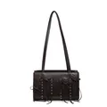 Dark brown leather shoulder bag with vintage silver studs and bow detailing - Coffee