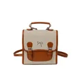 Beige canvas and brown leather mini backpack with metal bow for women's travel - Brown