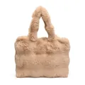 Fuzzy beige faux fur tote bag with plush top handles for autumn and winter outfits - Khaki