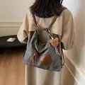 Versatile charcoal grey backpack with brown leather details and cute bear charm pendant - 37*12*34 / Dark Tea Brown (No Charm)