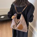 Vintage brown leather crossbody tote bag with cute bear charm and woven ribbon detail - 37*12*34 / Coffee No Charm