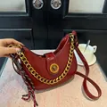 Burgundy crescent moon shoulder bag with gold chain and woven rope decoration - Red with Pendant