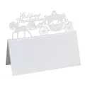 Elegant white laser-cut wedding place card featuring a royal carriage and horses design - 50 Sheets / White