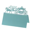 Laser-cut light blue wedding place card with a vintage horse carriage design - Tiffany Blue