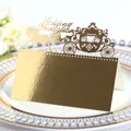 Golden laser-cut wedding table card featuring an elegant carriage design and foil texture - Reflective Gold
