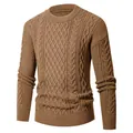 Maglione da uomo in maglia a trecce marrone scuro con bordi a costine testurizzati - M / Cachi