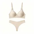 Dettaglio del set reggiseno e perizoma senza cuciture color carne con spalline regolabili - S / Albicocca