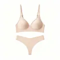 Detail view of seamless nude lingerie set with adjustable straps and wireless bra design - S / Top And Bottom / Light Skin