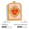 Gold stainless steel rectangle pendant with pink enamel heart and flame pattern - Pink Heart Evil Eye (PJ92010)