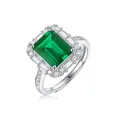925 silver adjustable ring with emerald-cut green gemstone and cubic zirconia halo - R12405 Emerald 8*10mm / Adjustable Open