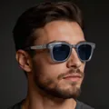 Detail of grey square sunglasses with blue lenses and embossed metal monogram temples - Deep Blue Lens (ZS-98160) / Gray-black Gradient