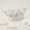 Squisito pettine per capelli da sposa con perle, strass e foglie d'argento per matrimoni - Argento (HS-J7253S)