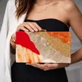 Luxury acrylic evening clutch with red marble patchwork and gold glitter accents - Coffee
