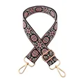 Adjustable 3.8cm ethnic floral embroidered bag strap with pink flowers and gold hardware - Black Base - Beige Dark Pink Flower