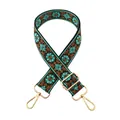 Adjustable 3.8cm wide jacquard strap with teal floral embroidery and gold metal clips - Black Base - Brown Emerald Green Flower