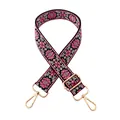Adjustable black strap with pink ethnic embroidery and gold swivel metal hooks - Black Base - Beige Rose Red Flower