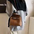Detalle de un bolso bandolera de ante marrón con un cierre giratorio de metal - Marrón