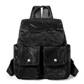 Mochila chic negra para mujer con textura arrugada y gran capacidad de viaje - Negro