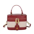 Retro contrast color small box bag in dark red leather and off-white canvas - Red