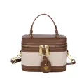 Structured brown leather and beige canvas box bag with top handle and crossbody strap - Brown