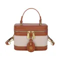 Chic two-tone brown and beige box handbag with leather trim and top handle - Brown