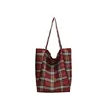 Klassische rote Shopper-Tasche mit Karomuster, großem Fassungsvermögen und goldener Plakette - Rot Karo