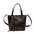 Dark brown oil wax leather bucket bag with dual handles and gold-tone logo hardware - Brown