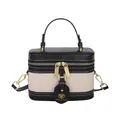 Contrast panel box handbag in black leather and beige fabric with golden zip closure - Black