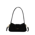 Elegant black crescent shoulder bag featuring suede patchwork and gold buckle details - Black