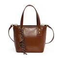 Dark brown oily wax leather bucket bag with top handles and vintage abacus charm - Brown