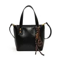 Black oil wax leather bucket bag with top handles and a decorative pretzel charm pendant - Black
