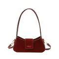 Burgundy faux suede crescent shoulder bag with gold hardware and flap closure - Burgundy