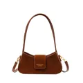 Deep brown crescent shoulder bag in matte suede and leather with gold metal accents - Khaki