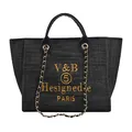 Dettaglio borsa tote in denim grigio con tracolla a catena e ricamo giallo Paris - Nero