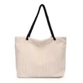 Bolso tote de pana beige con asas de cuerda trenzada negra sobre fondo blanco puro - Blanco Roto