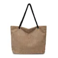 Bolso tote de pana marrón claro con asas de cuerda negra y diseño vintage minimalista - Caqui