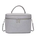 Detail of grey woven textured cosmetic bag with silver double zippers and leather handle - Gray