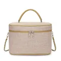 Detail of beige woven canvas box bag showing dual zip closure and chain shoulder strap - Khaki