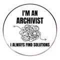 Archivist round metal brooch pin with white enamel finish and purple metallic border - Always Find Solutions Style
