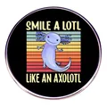 Detailopname van een ronde axolotl-speld met retro zonsondergang en grappige tekst - Smile A Lotl