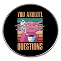 Ronde roze axolotl-pin met vintage zonsondergang en grappige Engelse tekstspeling - You Axolotl Questions