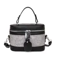 Secchiello chic in pelle nera e tessuto grigio con manico e finiture in argento - Nero