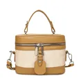 Elegante borsa a secchiello bicolore in tela e pelle marrone con zip argentate - Cachi