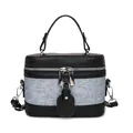 Fashionable bucket bag in black faux leather and blue denim patchwork with silver zippers - Black with Blue